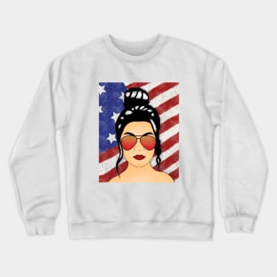 Messy Bun with American Flag in Background Crewneck Sweatshirt